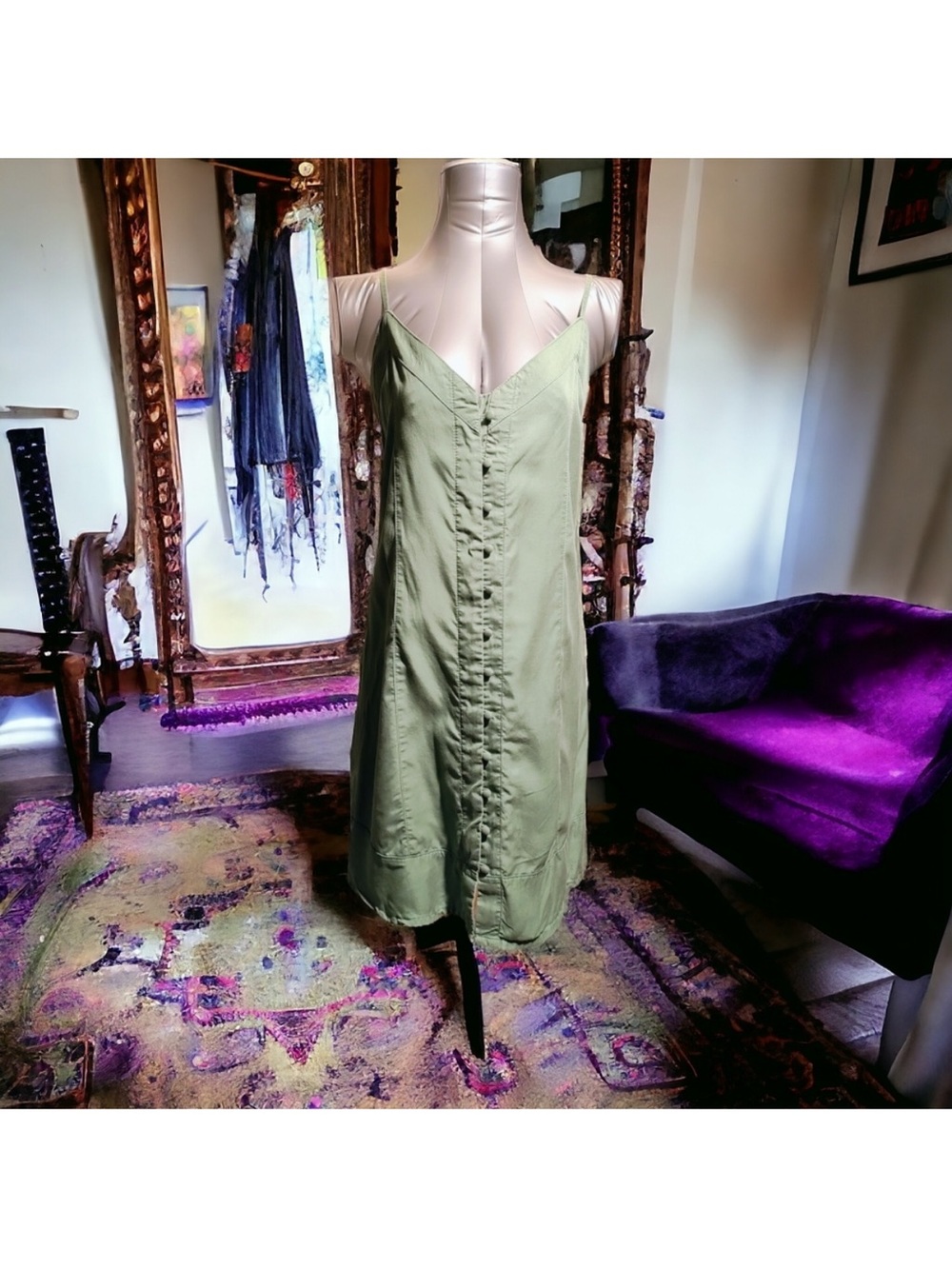 VINCE CAMUTO | Olive Green Spaghetti Strap Button Down Mini Dress |  size S